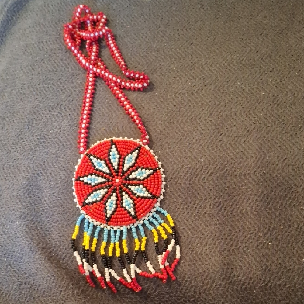 Beaded Red Necklace with Floral Pendant